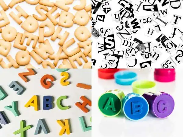 eine Collage mit verschiedenen Möglichkeiten für Buchstaben Konfetti wie Kekse, Zeitungspapier, Stempel