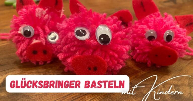 drei schweinchen aus wolle gebastelt mit dem Schriftzug: Glücksbringer basteln mit Kindern