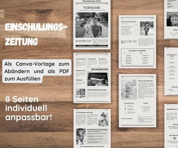 Einschulungszeitung - die Seiten nebeneinander angereiht mit dem Text Einschulungszeitung