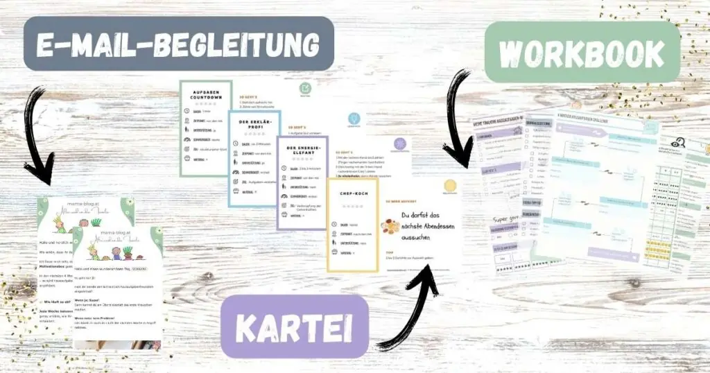 Bild zum Artikel Hausaufgaben-motivations-Box mit den einzelnen Bestandteilen von E-Mail-Begleitung über Karteien und Workbook
