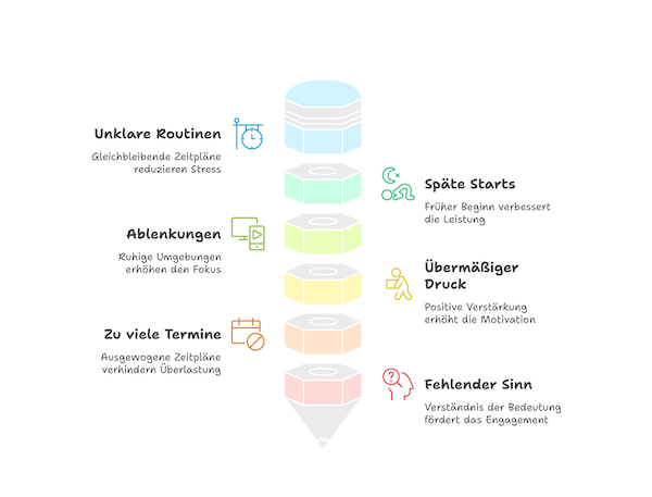 Grafik mit einem Stift in der Mitte der geteilt ist. Was verhindert die Motivation bei Hausaufgaben bei Kindern: 6 Gründe werden daneben aufgeführt