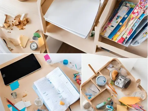 Collage von 4 Schreibtischen auf denen viel Chaos herrscht