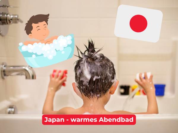 Japan Flagge mit einem Kind, das im Bad sitzt- Entspannungsrituale für Kinder in Japan