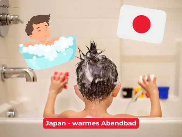 Japan Flagge mit einem Kind, das im Bad sitzt- Entspannungsrituale für Kinder in Japan
