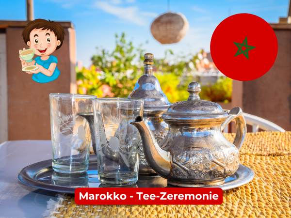 Eine marokkanische Flagge mit einem Teekanne und Gläsern in der Mitte