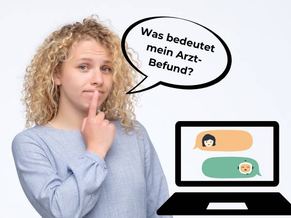 Eine Frau, die sich den Finger an den Mund hält. weil sie sich fragt: Was bedeutet mein Arztbefund