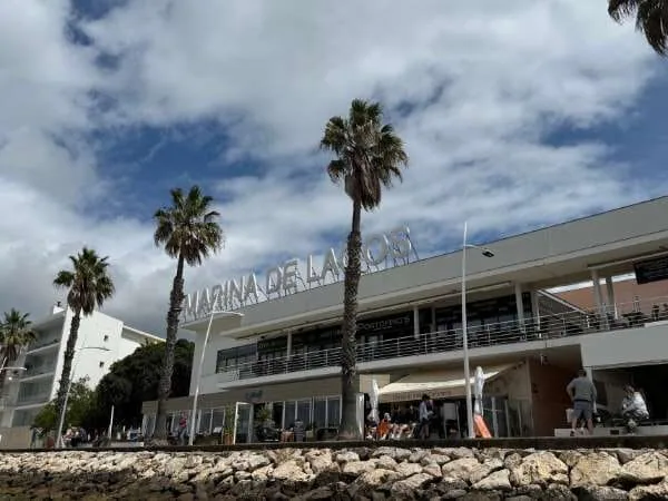 Hafengebäude mit Palmen davor