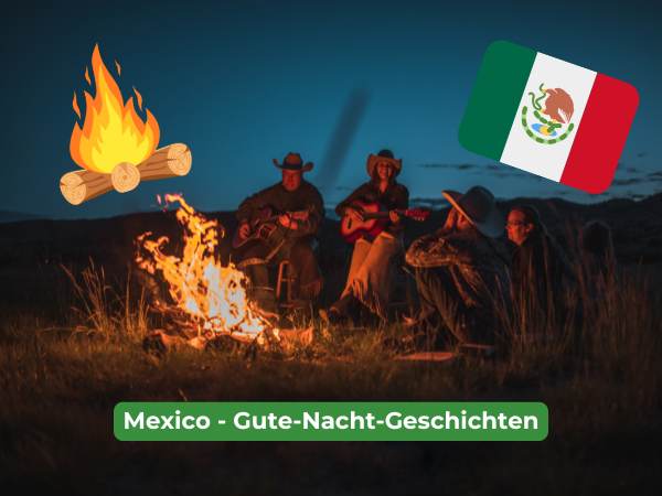 Eine mexikanische Flagge mit einem Bild, wo eine Familie ums Lagerfeuer sitzt