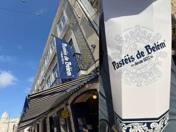 die echten Pasteis de Nata in Belem - die Verpackung rechts und der Eingang links