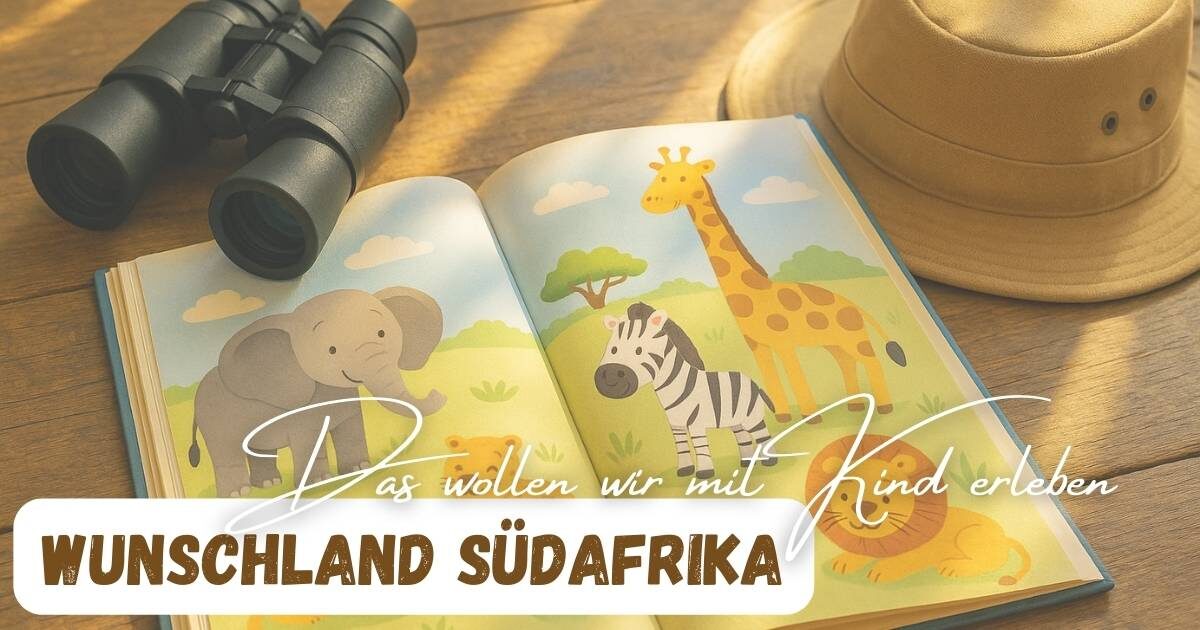 Ein Kinderbuch mit Tieren aus Afrika mit einem Fernglas und einem Safari-Hut mit dem Titel: Bucketlist Südafrika mit Kindern und "Das wollen wir erleben"