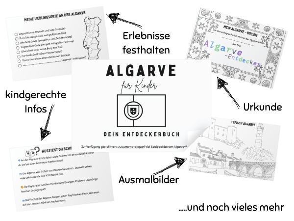 Mockup vn einigen Seiten des Entdecker-Passes. Mit dem Titelbild "Algarve für Kinder".