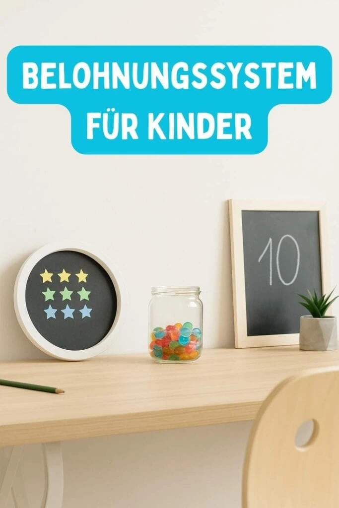 Pin für Pinterest mit dem Titel Belohnungssystem für Kinder und einem Schreibtisch mit einer Tafel und einem Glas mit Murmeln