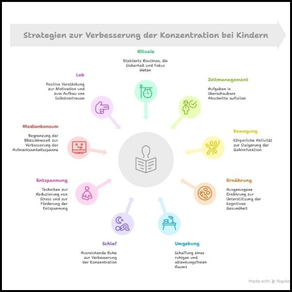 Grafik mit den 10 besten Tipps um die Konzentration bei Kindern zu fördern