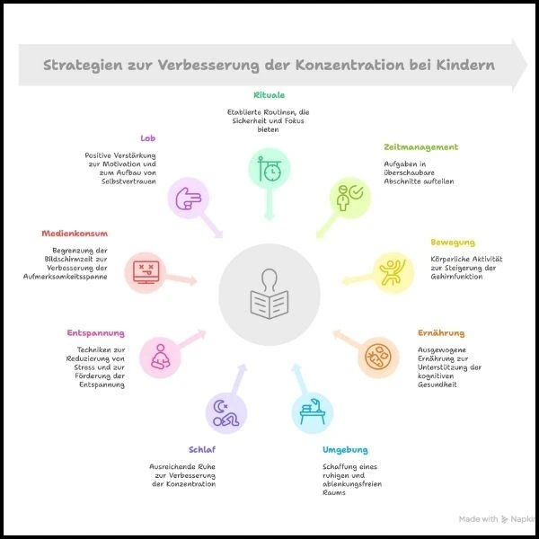 Grafik mit den 10 besten Tipps um die Konzentration bei Kindern zu fördern