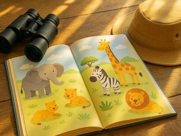 Kinderbuch mit Tieren auf einer afrikanischen Safari mit einem Safari-Hut und einem Fernglas