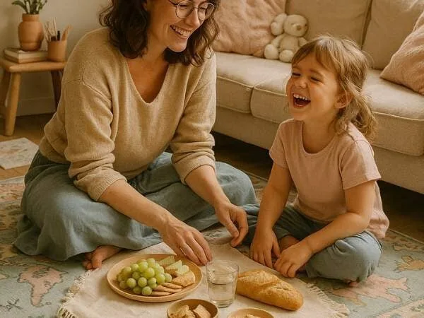 Mama und Kind, die gerade ein Picknick im Wohnzimmer am Boden machen als Belohnung