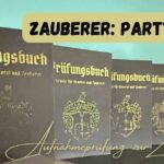 Beitragsbild mit Büchern mit der Aufschrift Prüfungsbücher und dem Titel "Zauberer Party-Idee: Aufnahmeprüfung für die Zauberschule"