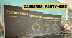 Beitragsbild mit Büchern mit der Aufschrift Prüfungsbücher und dem Titel "Zauberer Party-Idee: Aufnahmeprüfung für die Zauberschule"