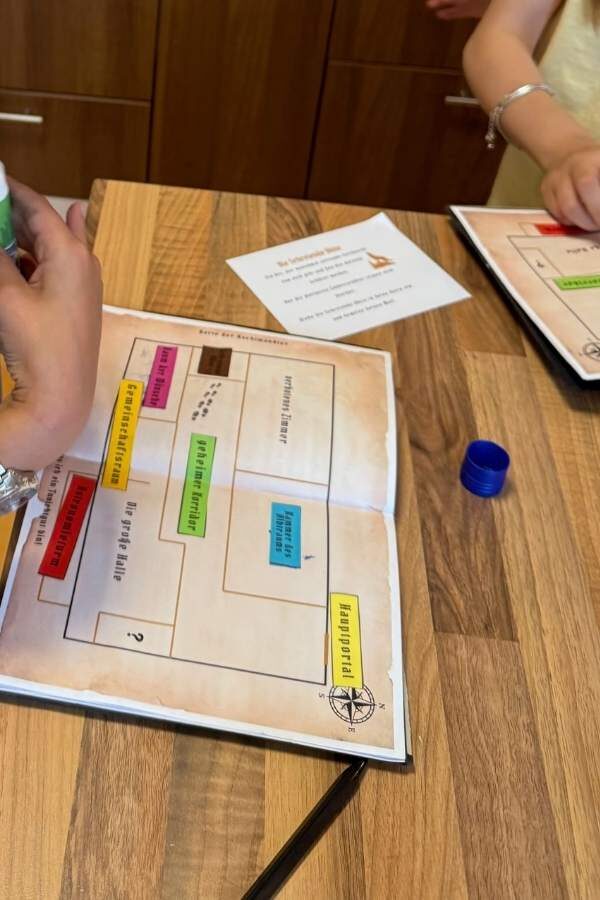 Buch mit farbigen Kärtchen in einem Plan eingeklebt