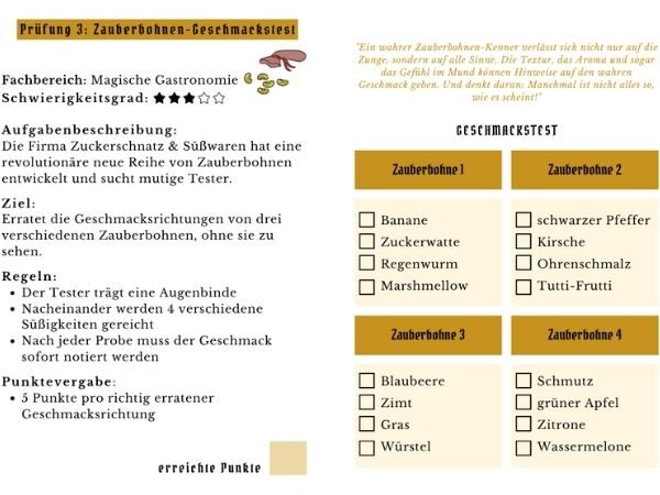 Beispielseite aus dem Prüfungsbuch mit den Zauberbohnen Geschmacksrichtungen zum ankreuzen