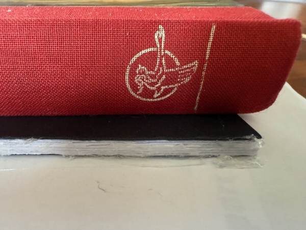 dickes Buch, das auf dem bereits geklebten Buchrücken liegt, damit die Blätter gut zusammen halten