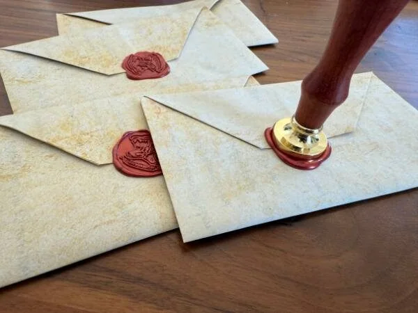Verschlossene Briefe mit Wachssiegeln und Siegelstempel auf Holzuntergrund, symbolisch für wichtige Nachrichten oder Dokumente.