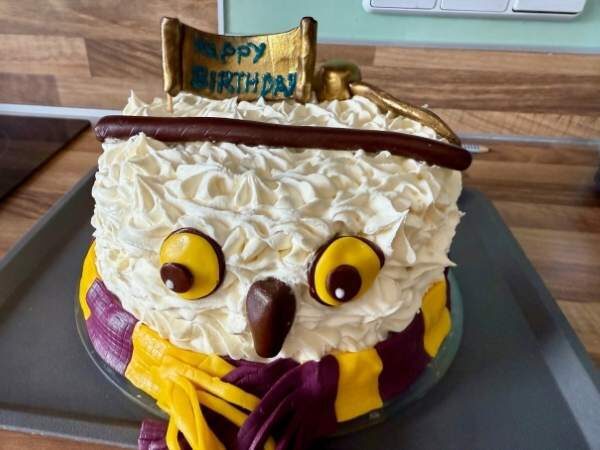 Torte als Eule Hedwig verziert