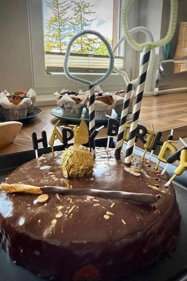Sachertorte als Quidditch Feld verziert