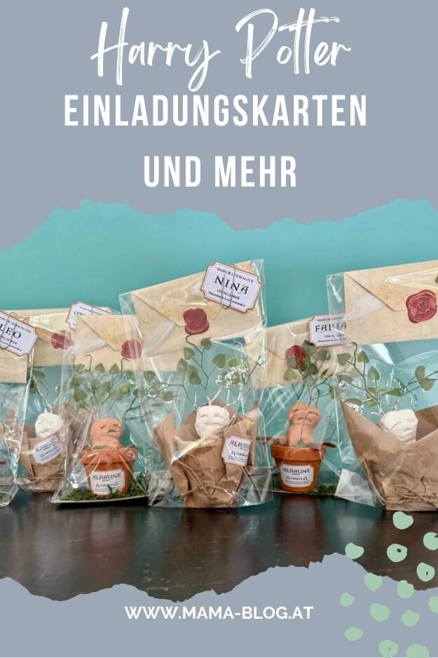 Pin für Pinterest mit den Alraunen im Zellophansack und dem Brief mit dem Siegel und Namenskarten