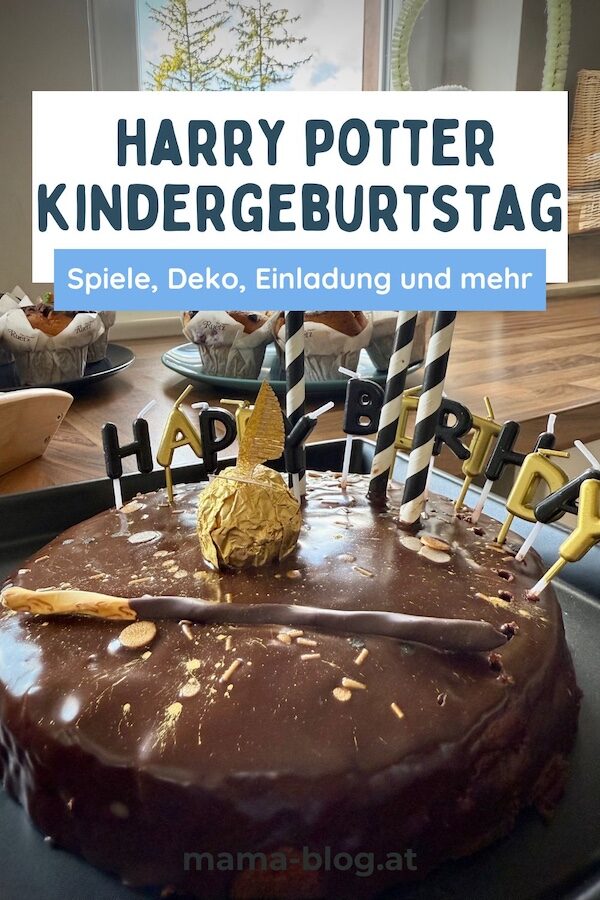 Pinterest Pin für den Blogbeitrag Harry Potter Kindergeburtstag - Spiele, Deko, Einladung und Mehr