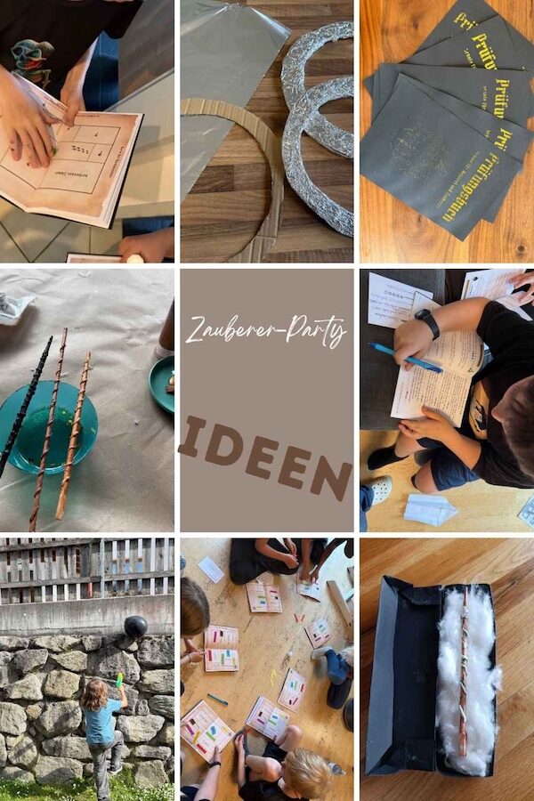 Pin für Pinterest mit 8 Bildern von der Schnitzeljagd als idee zum Zauberer Geburtstag und dem Titel: Zauberer-Party Ideen