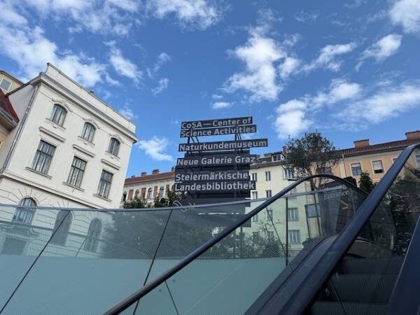 Rolltreppe mit Wegweisern zu den Museen im Grazer Zentrum