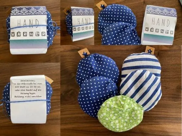 Warmer handschuh set, blauer mit weißen punkten, ideal für kalte wintertage, handwärmer aus weichem stoff, perfekt für kalte Hände, nachhaltige Wärmeisolierung, für Baby, Kinder und Erwachsene geeignet.