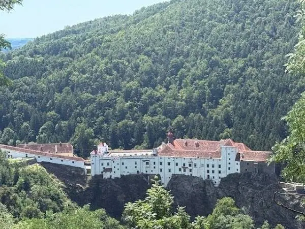 Felsenburg inmitten grüner Natur, umgeben von Wäldern und Bergen, ideal für Familienwanderungen und Naturerkundungen in Österreich.