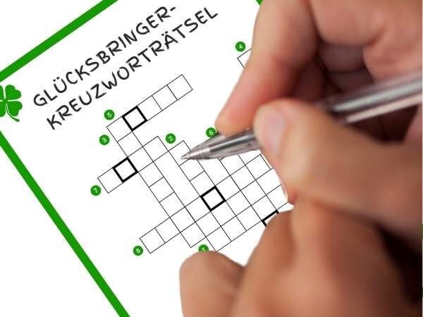 Rätsel Kreuzworträtsel für Glücksbringer - kreative Beschäftigung für Kinder und Erwachsene, spielerisch Glück finden, festliche Aktivität, Spaß beim Lösen.