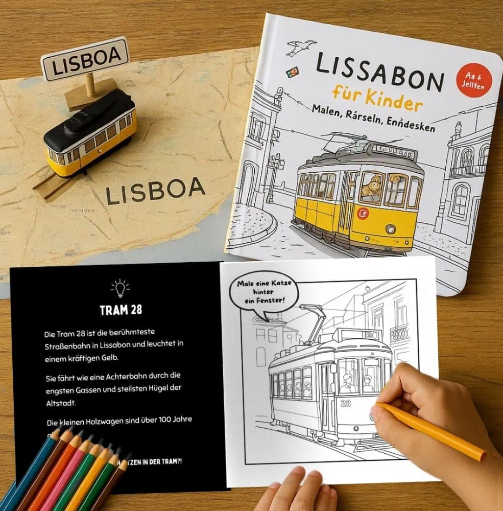 Buntes Trams-Fanartikel mit Lissabon-Design, inklusive Malbuch für Kinder und kreative Bastelideen, perfekt für kleine Lisboa-Liebhaber und Stadtentdecker.