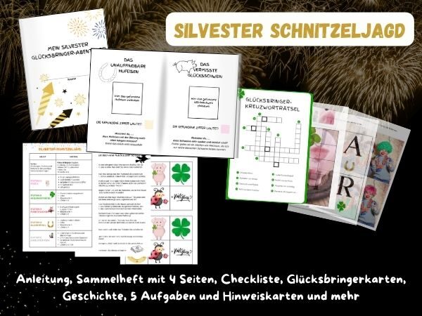 Glückssinger Silvester Schnitzeljagd mit Spielanleitung, Checkliste, Glücksbringerkarten, Aufgaben und Hinweiskarten, perfekt für Familien und Kinder; kreative Silvesteraktivitäten.