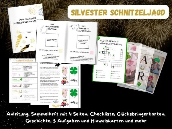 Glückssinger Silvester Schnitzeljagd mit Spielanleitung, Checkliste, Glücksbringerkarten, Aufgaben und Hinweiskarten, perfekt für Familien und Kinder; kreative Silvesteraktivitäten.