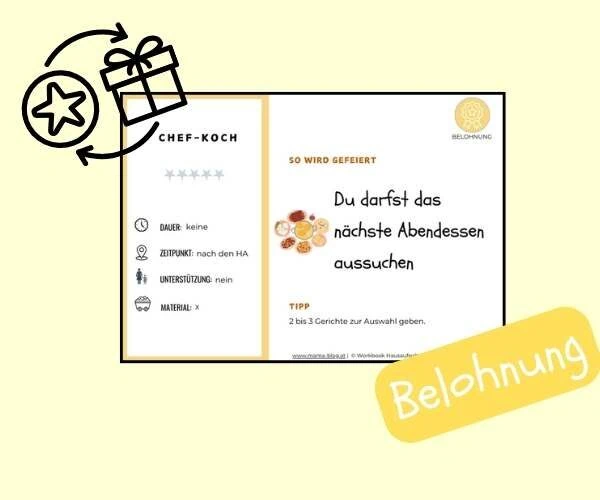 Eine Karteikarte der Belohnungskartei mit dem Titel Belohnung und einem kleinen Geschenk als Gif