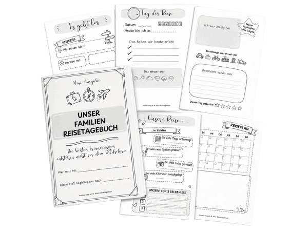 Mockup des Mini-Reisetagebuches mit einzelnen Seiten und dem Cover