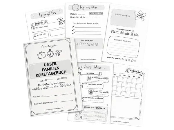 Mockup des Mini-Reisetagebuches mit einzelnen Seiten und dem Cover