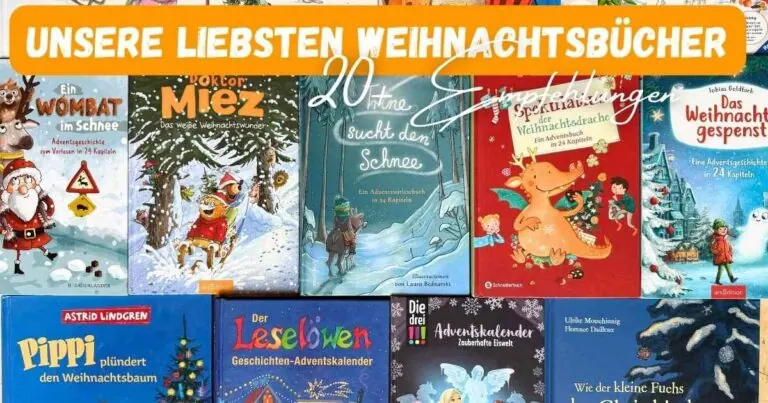 Beitragsbild mit dem Titel "Unsere liebsten Weihnachtsbücher" 20+ Empfehlungen mit dem Hintergrund von vielen Covern von Weihnachtsbüchern