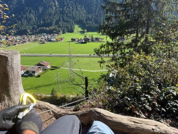 Hoch oben im Baumkronenweg im Alpenraum, Blick auf das grüne Tal mit Häusern und Wäldern, Naturerlebnis für Familien und Abenteurer, nachhaltiger Tourismus in den Bergen.