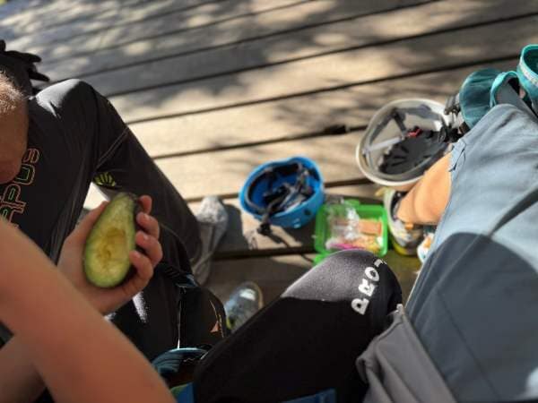 Frühstückszeit am See, Eltern und Kinder genießen eine Snackpause während eines Familienausflugs, mit gesunden Früchten und Picknick-Zubehör an einem sonnigen Tag.