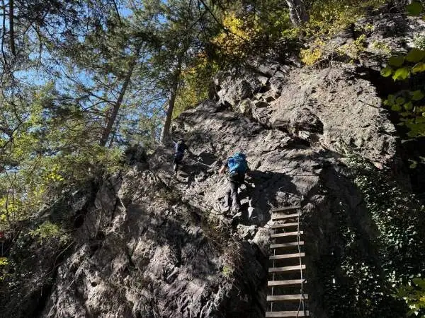 Kletterer auf steiler Felswand im Wald, Abenteuer und Naturerlebnis in den Bergen, Outdoorsport für Mutige, Waldpfad mit Klettersteig.