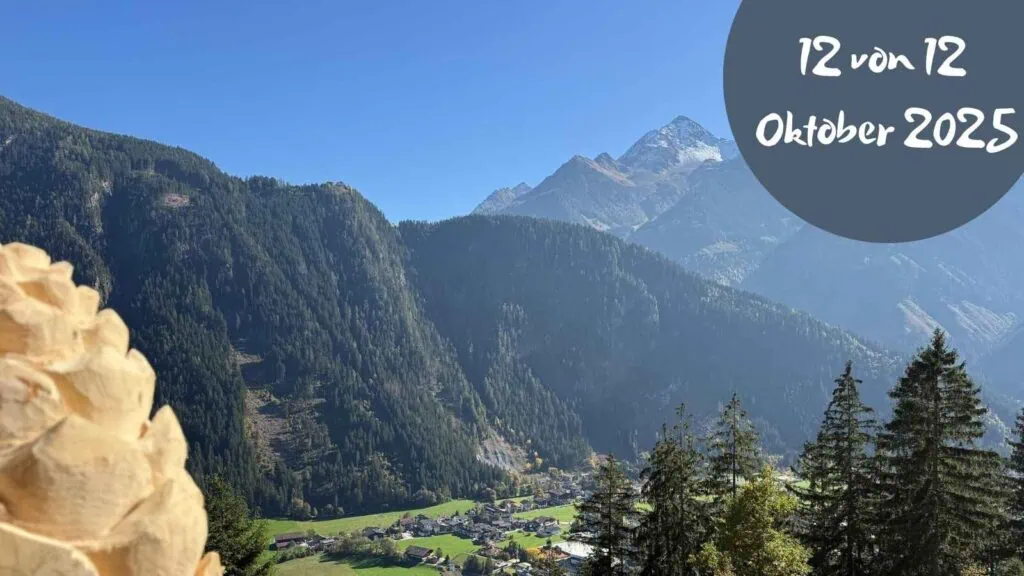Beitragsbild mit dem Titel: 12 von 12 Oktober 205 mit einer Berglandschaft im Hintergrund und einem Holzteil links vorne
