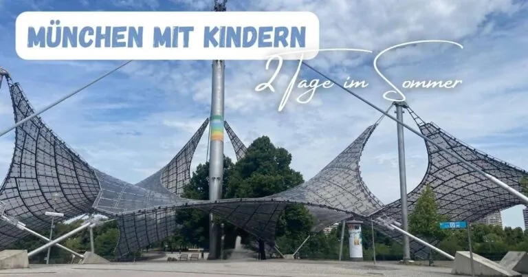 Beitragsbild mit dem Titel München mit Kindern, 2 Tage im Sommer mit den tollen Dächern vom olympischen Zentrum im Hintergrund