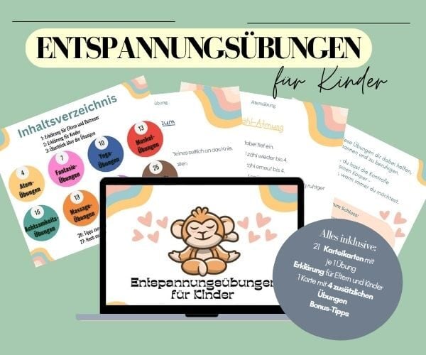 Mockup für die Entspannungskartei mit einem Bildschirm vorne mit einem Affen der Yoga macht, 4 Karteikarten im Fächer