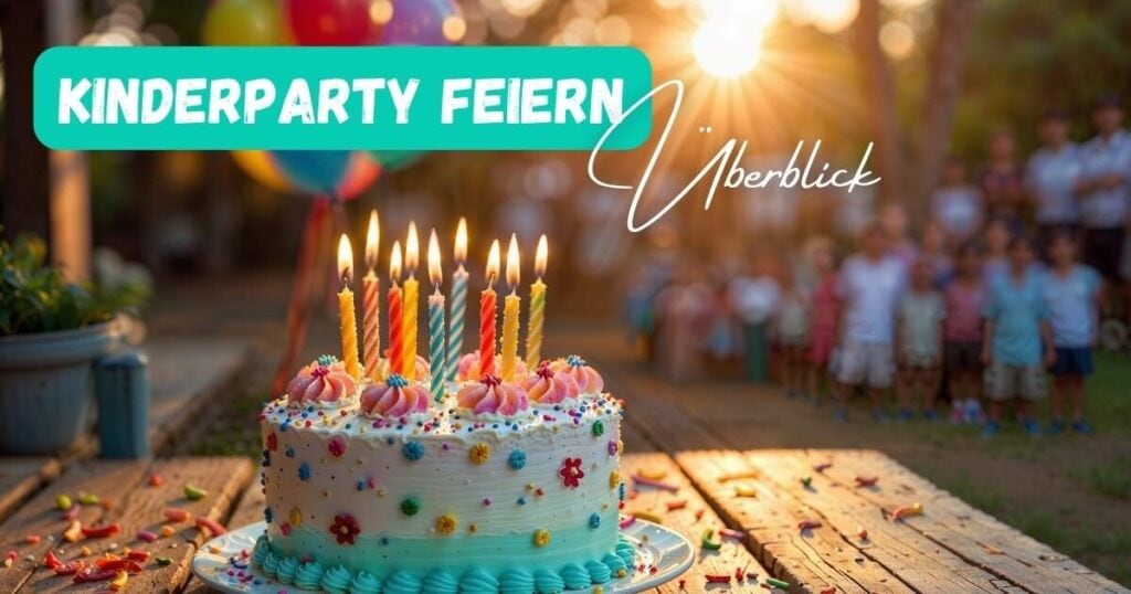 Beitragsbild mit dem Text Kinderparty feiern - Überblick. Eine Geburtstagstorte mit vielen angezündeten Kerzen auf einem Tisch und im Hintergrund viele Kinder