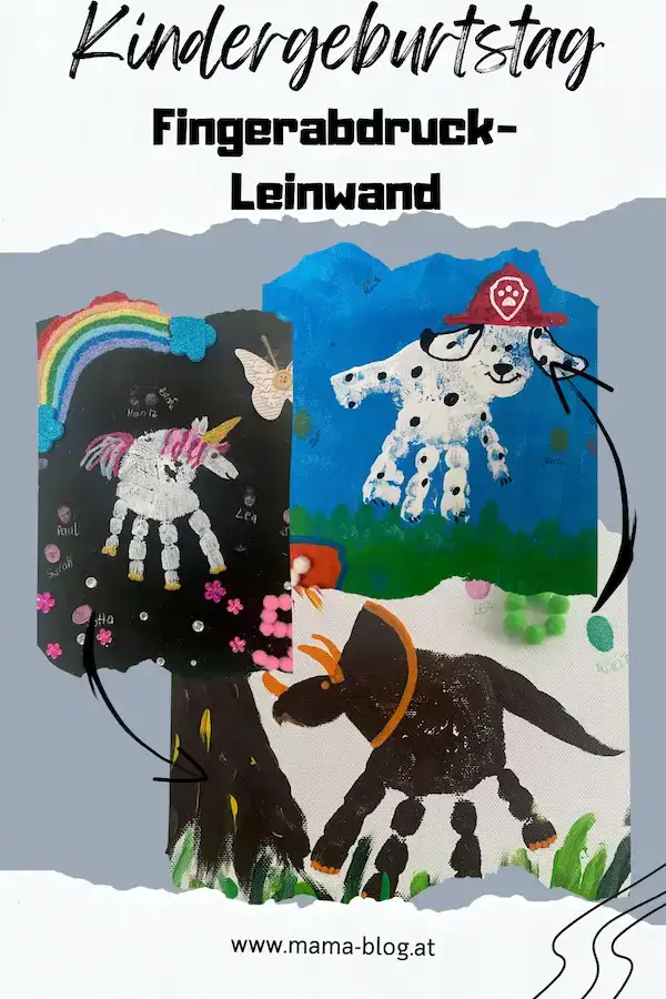 Pin für Pinterest mit dem Titel Kindergeburtstag Fingerabdruck Leinwand mit 3 Leinwänden mit Hund, Einhorn und Dino
